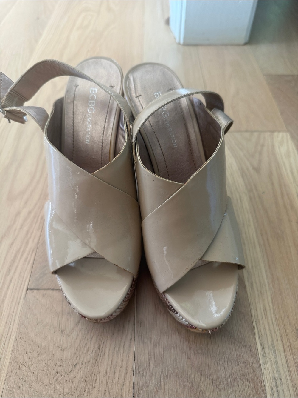BCBGeneration Beige Patent Leather Crisscross Wedge Sandals